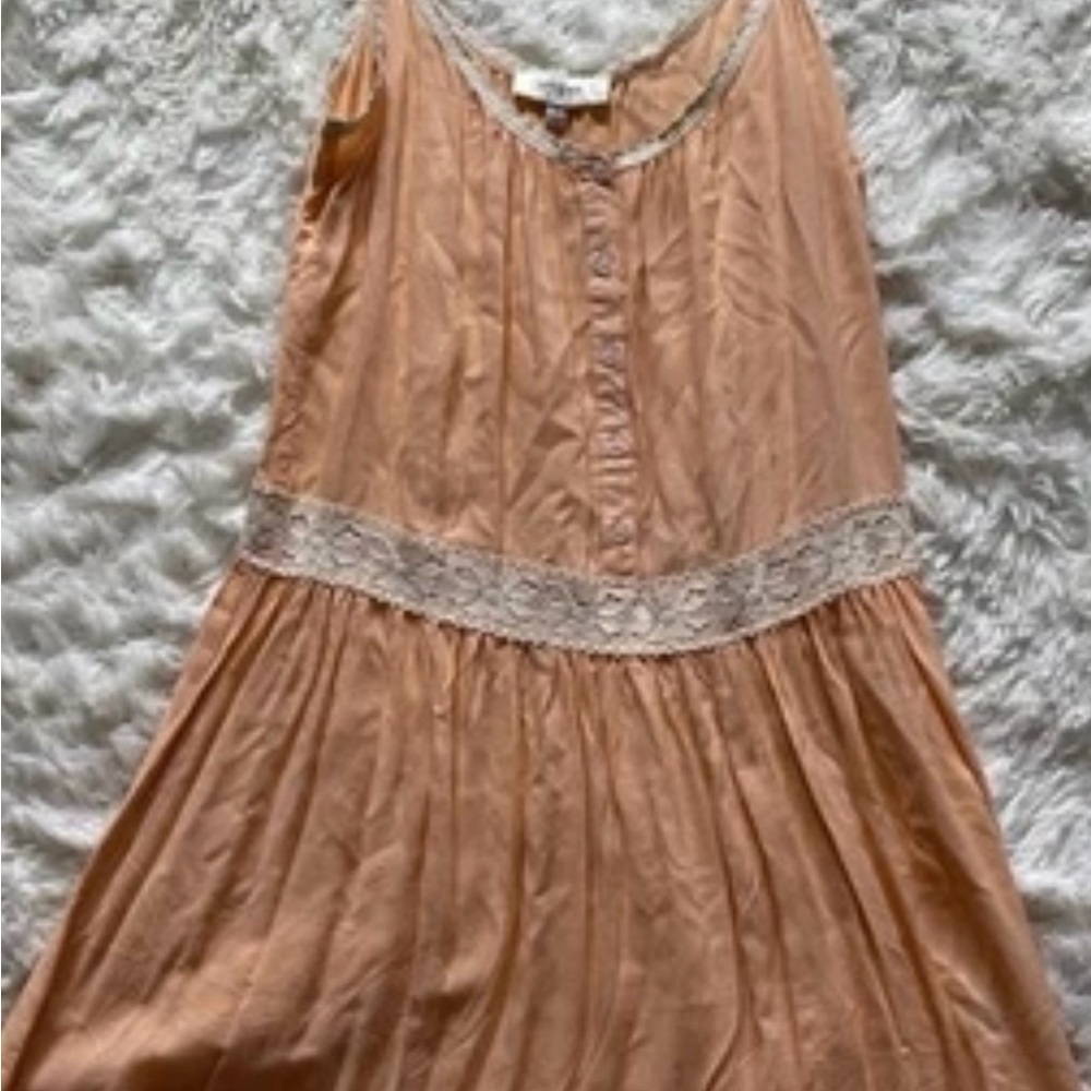 Umgee Babydoll Peach Pink Tank Top Small Pom-Pom Lace Trim Boho Festival Fairy